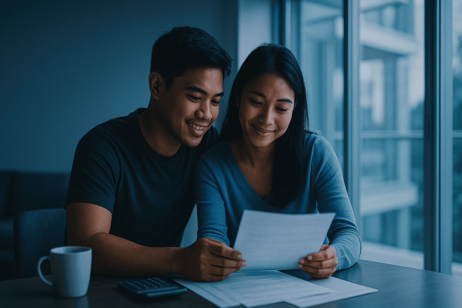A couple reviewing mortgage paperwork together at their kitchen table
